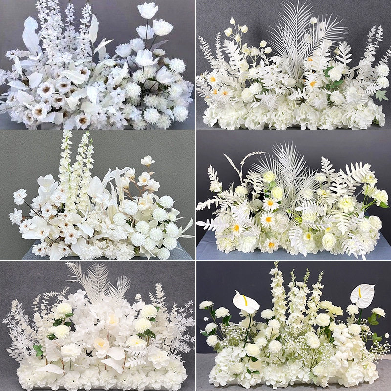 新款婚庆地排花白色花排仿真花婚礼假花舞台背景布置装饰路引花艺图片