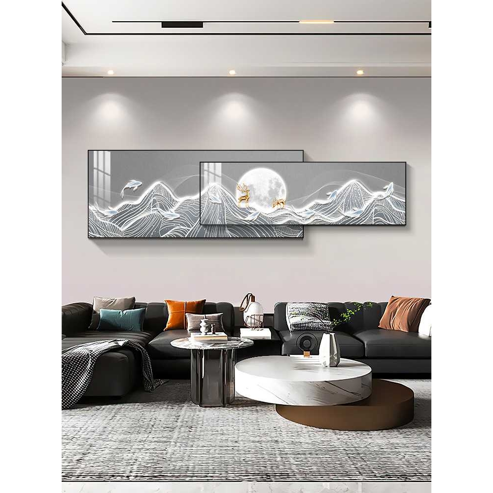 现代轻奢客厅装饰画福鹿高升沙发背景墙挂画高档大气叠加山水壁画图片