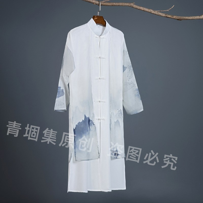 太极服中国风仙气唐装p古风男装雪纺汉服假两件彩绘水墨武术表演