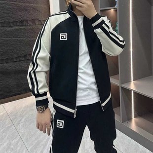 拼E接立領(lǐng)外套褲 男士 時尚 子韓版 百搭運(yùn)動服休閑百搭套裝 潮流兩件