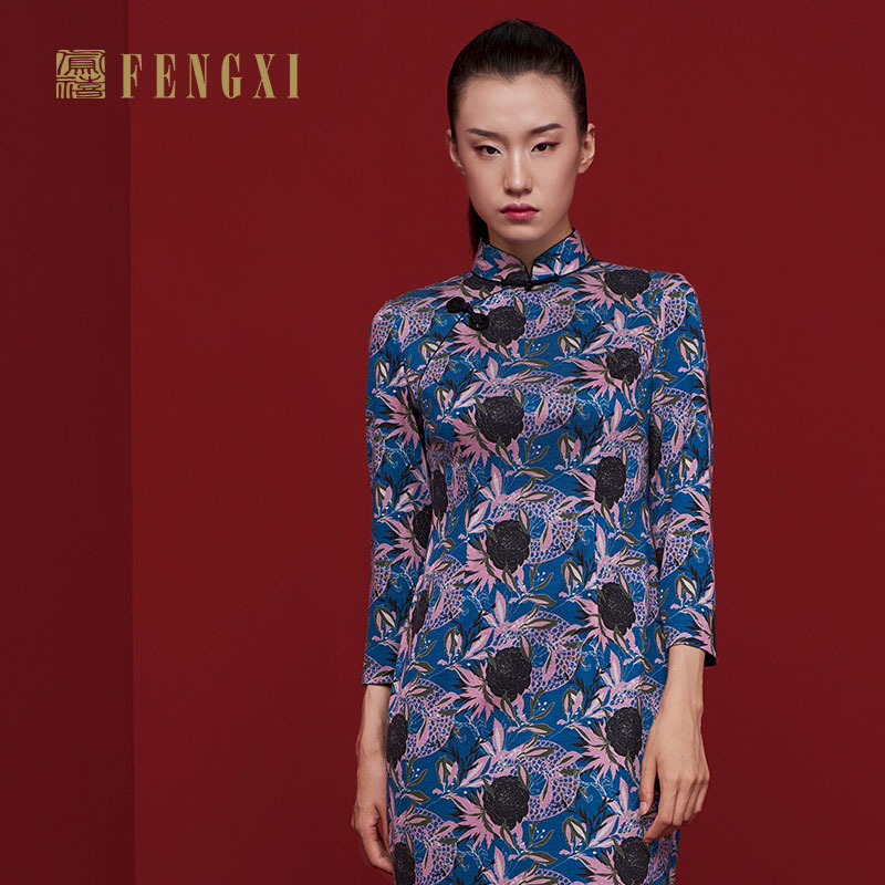 凤禧秋冬新款旗袍复古文艺印花旗袍裙女装晚宴中式礼服修身连衣裙