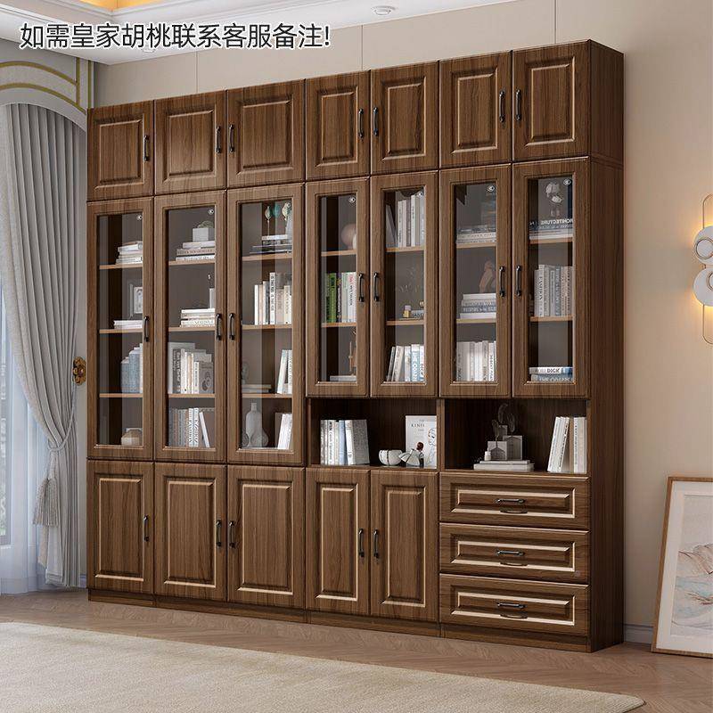玻yhu实木书柜书架组一HYV体收纳柜简约带璃橱客厅书书房合储物柜