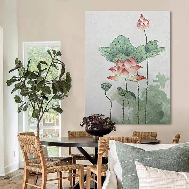 纯手大绘幅荷花油画玄沙发背画景客厅5150卧室画关餐厅装饰肌理挂图片