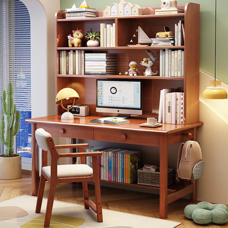 实木儿童学习桌书桌书架一体组合简约家用电脑桌初高中学生写字桌