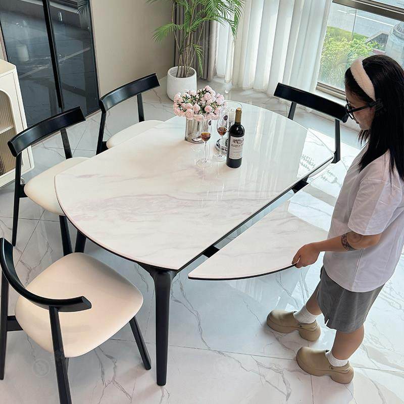 天然微晶石可伸缩圆餐桌家用高端实木腿小户型大理石高级感轻奢桌