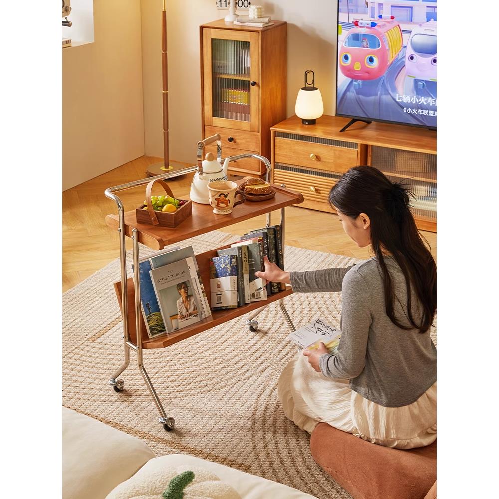中古书架可移动小推车不锈钢实木边几客厅沙发茶几复古收纳置物架
