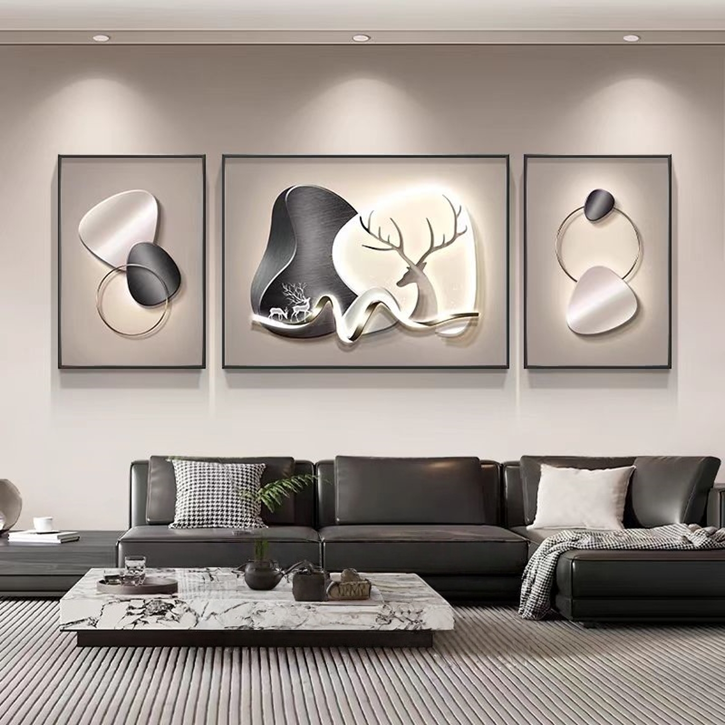 现代轻奢客厅装饰画高级感时来运转简约大气沙发背景墙抽象三联画