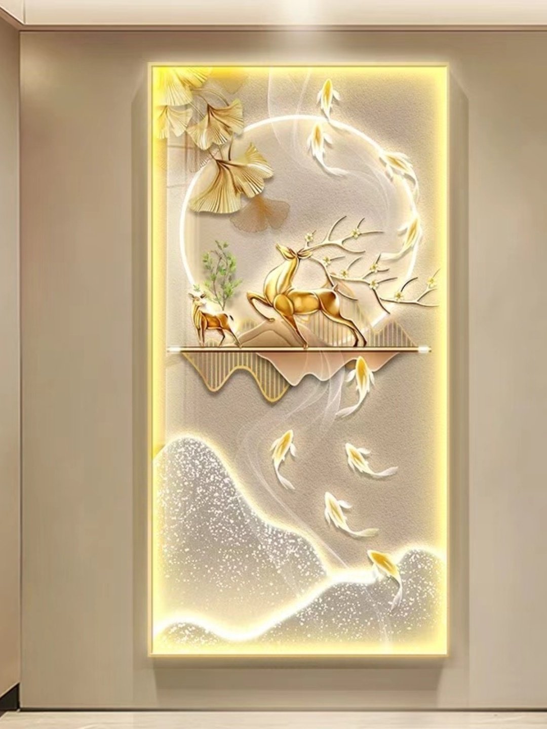 九鱼图入户玄关装饰画轻奢led灯金山水挂画高级感走廊过道墙壁画