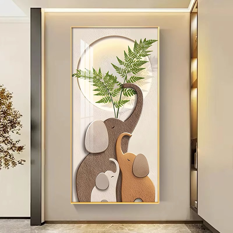 三口之家大象玄关画轻奢带灯画