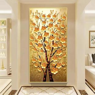 新款发财树入户玄关装饰画正对门走廊过道挂画镶钻带灯真晶瓷壁画
