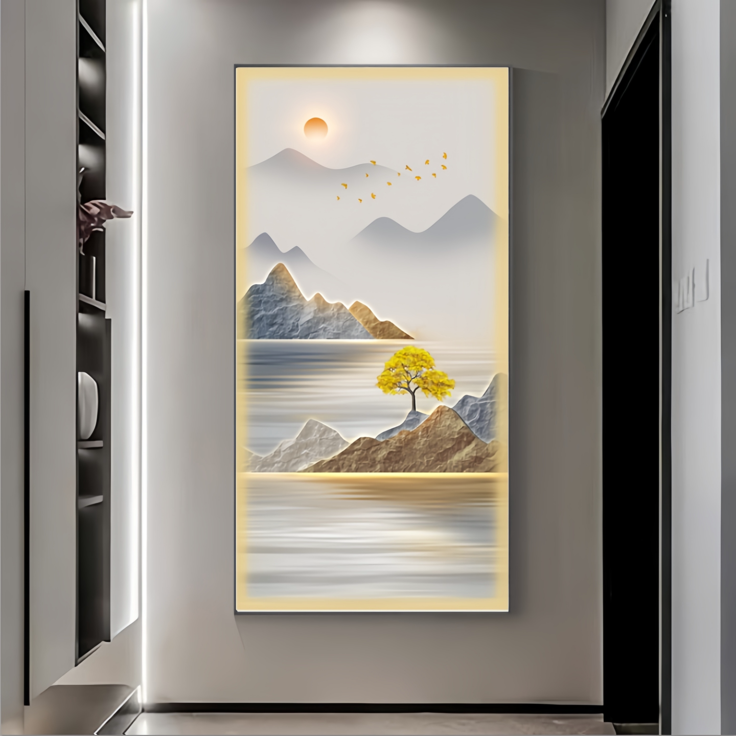 旭日东升玄关装饰画现代轻奢高档走廊过道挂画山水画入户客厅壁画