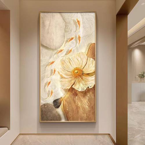 九鱼花开富贵图玄关装饰画过道走廊入户轻奢高级感客厅背景墙挂画