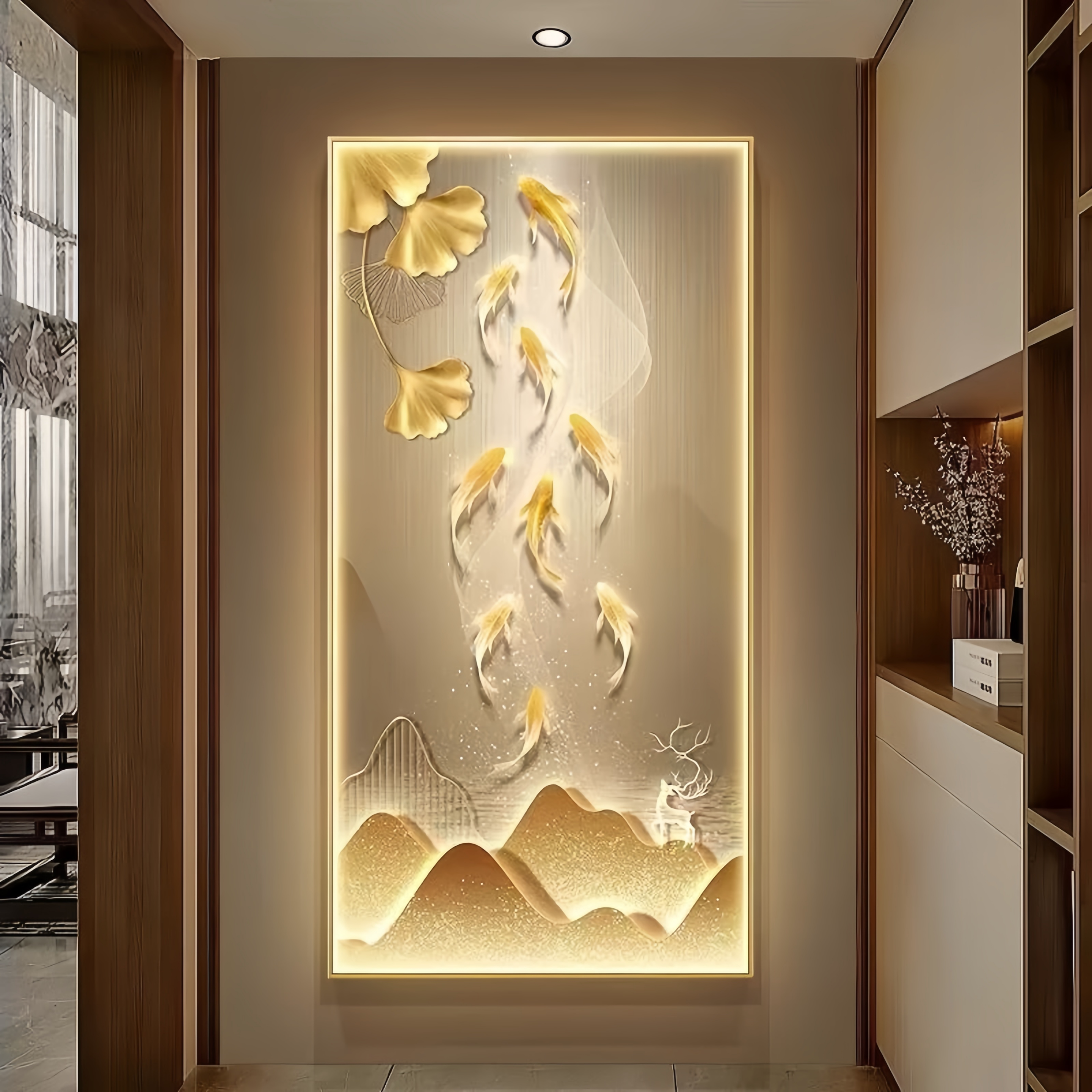 新款九鱼聚财金色轻奢入户正对门玄关装饰画客厅走廊过道LED灯画图片
