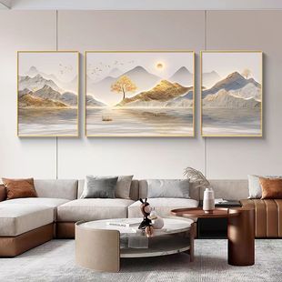 旭日东升山水画 画客厅挂画 画大气高档三联画 画现代轻奢沙发背