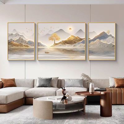 旭日东升山水画客厅挂画大气高档三联画现代轻奢沙发背景墙装饰画