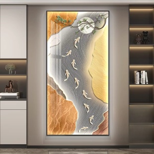 九鱼聚财图LED灯玄关装饰画入户正对门挂画轻奢淡雅走廊过道壁画