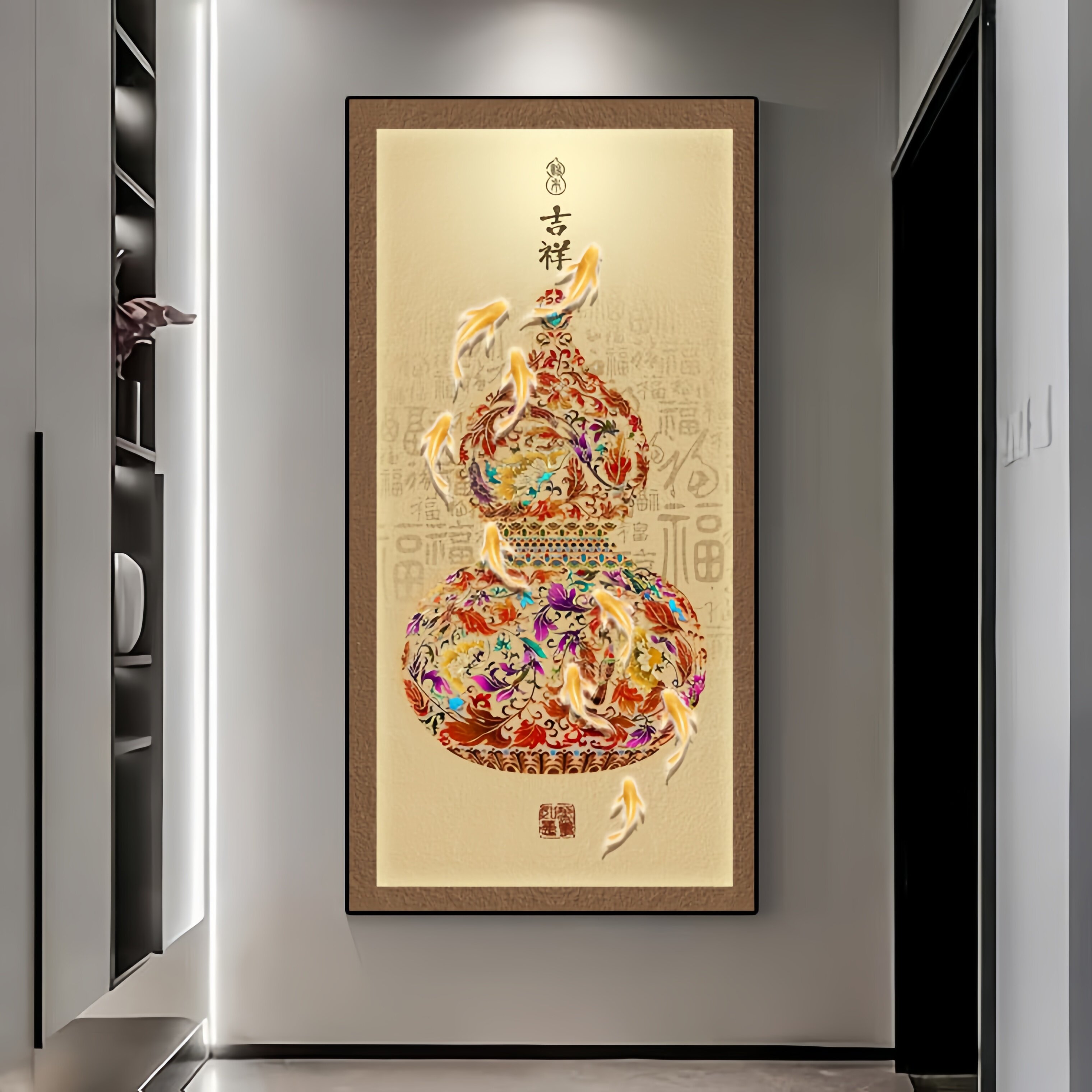 金黄葫芦玄关装饰画新中式客厅走廊过道尽头墙壁画正对门入户挂画