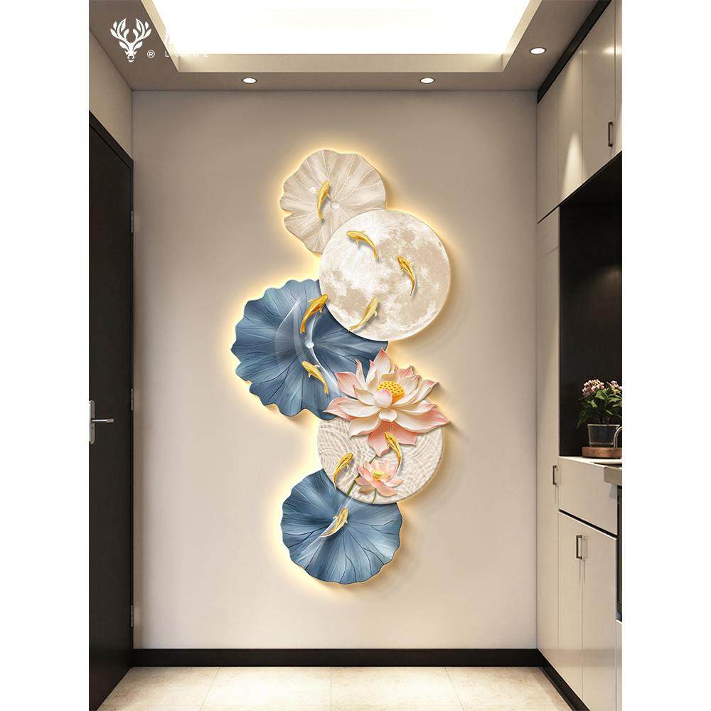 荷花九鱼图灯画玄关装饰画高级感入户正对门挂画客厅过道发光壁画,家居饰品,现代装饰画,淘宝优惠券,粉丝福利购,淘宝优惠卷