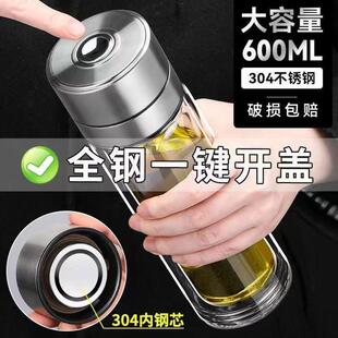 食品级高硼硅玻璃杯耐高温加厚全钢盖一键开盖水杯双层车载杯茶杯