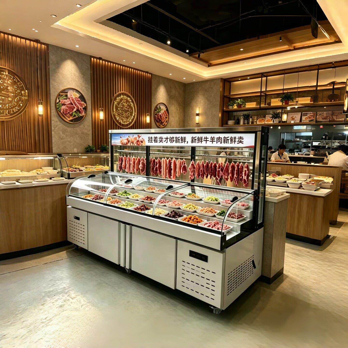阶梯挂肉点菜柜腊肉冷藏冷冻二三台面上展示商用鱼池组合喷雾冰台