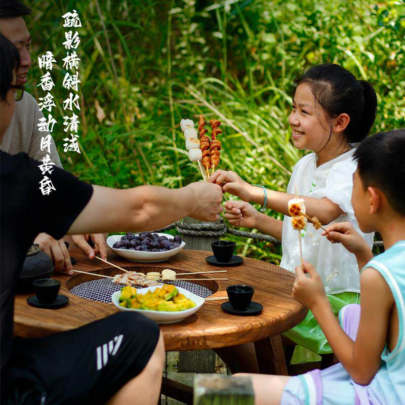 老榆木围炉煮茶桌复古围炉炭火煮茶桌户外围炉烧烤火锅一体桌
