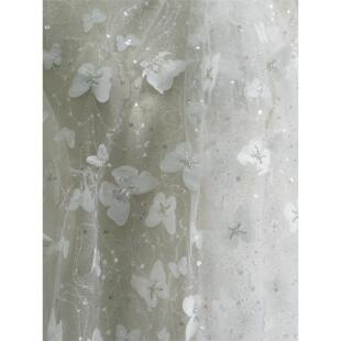 白色精致立体蝴蝶珠管亮片钉珠绣花烫银面料DIY洛丽塔辅料宽125cm