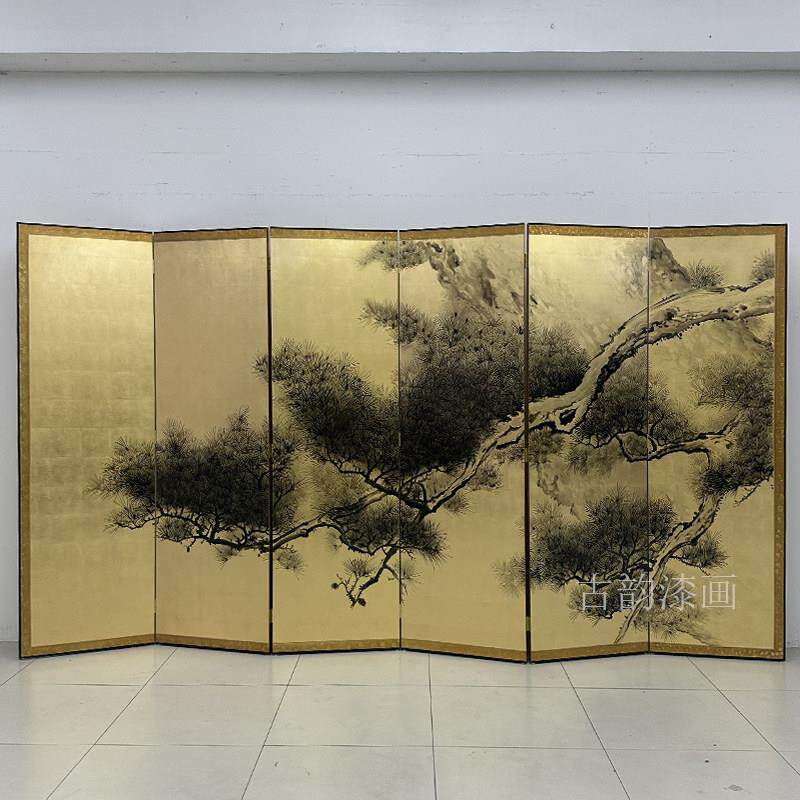 新中式手绘松树漆画金箔屏风隔断客厅遮挡茶室办公室移动折屏定制
