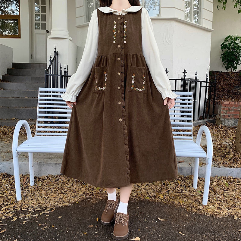 娃娃领连衣裙套装少女秋冬装2025新款初中高中学生灯芯绒背带裙子