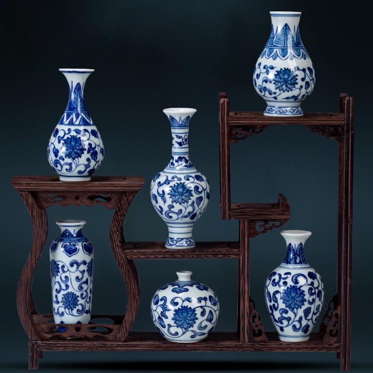 景德镇陶瓷青花瓷迷你小号花瓶套装水养插花摆件博古架茶桌装饰品