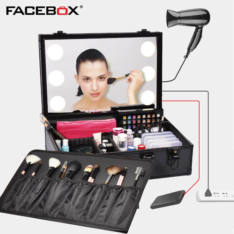 FACEBOX 专业手提袋灯多层化妆箱LED插电纹绣化妆师跟妆箱带镜