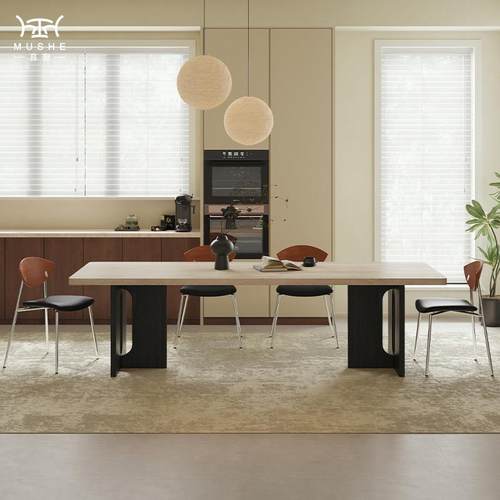 暮奢北欧实木洞石岩板餐桌椅组合家用长方形下挂吃饭桌子中古风