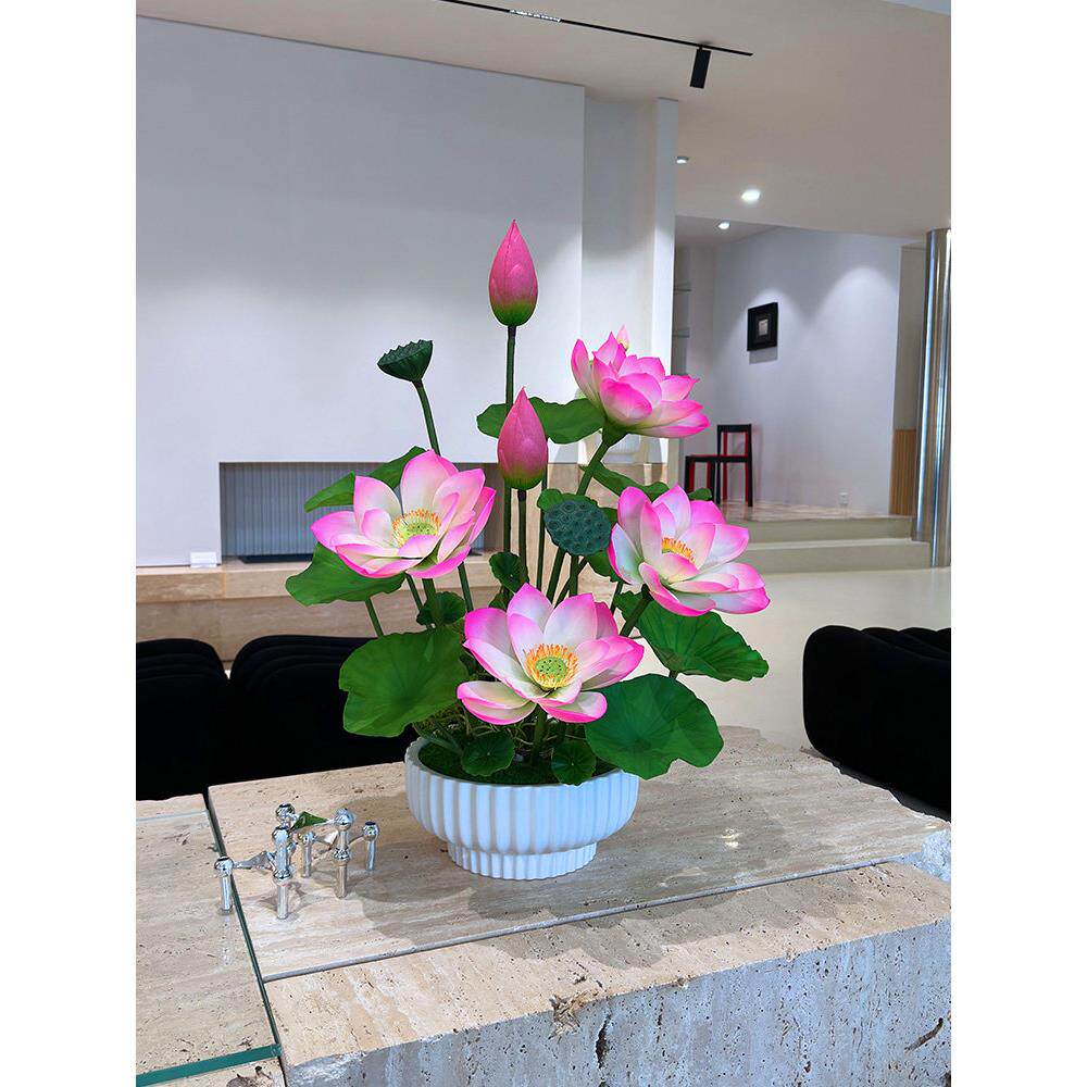 喜语高档手感荷花彷真花佛堂供佛莲花新中式客厅莲花摆件假花盆栽