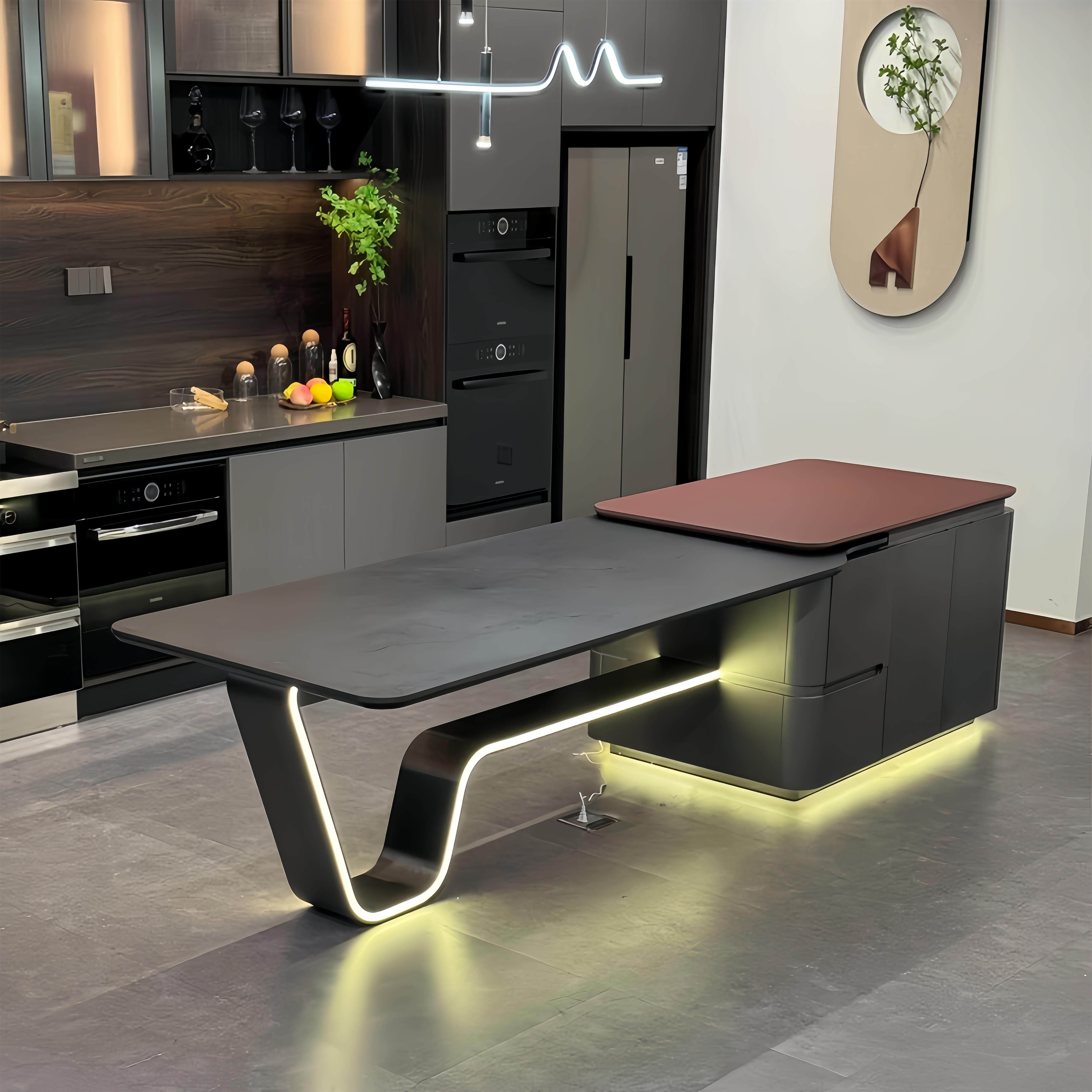 意式高端龙擡头岛台烤漆圆弧餐桌一体开放式厨房高级感吧台中岛台