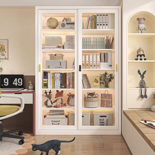 家用钢制书架推拉门防尘带锁玻璃书柜客厅多层落地一体靠墙储物柜