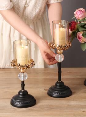 中世纪风格无障碍豪华黑色金属水晶玻璃玫瑰烛台高大欧式餐桌家居