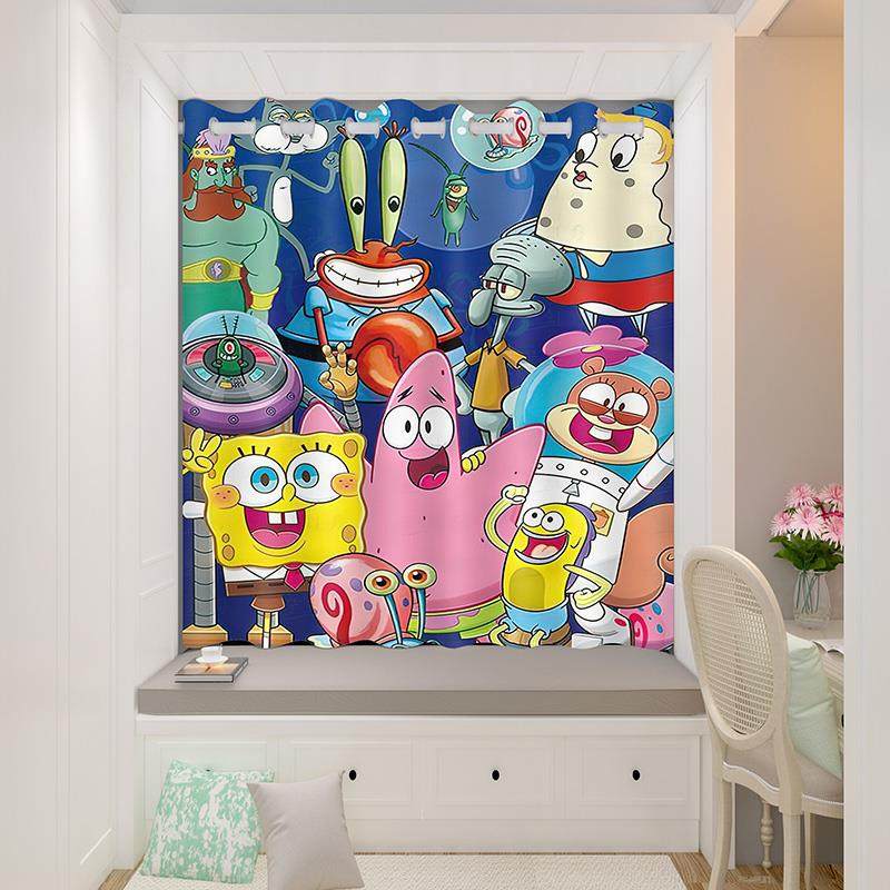 窗帘卧室全遮光儿童房海绵宝宝2023新款可爱卡通小窗户家用免打孔