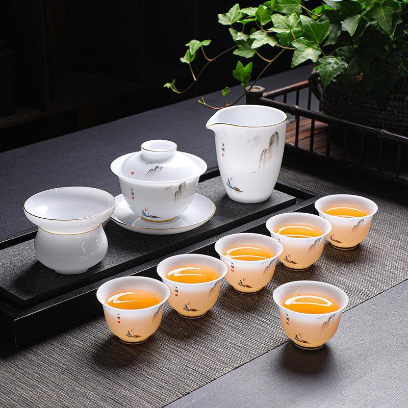 德化羊脂玉白瓷冰种功夫茶具套装陶瓷盖碗茶杯家用泡茶器高档礼品