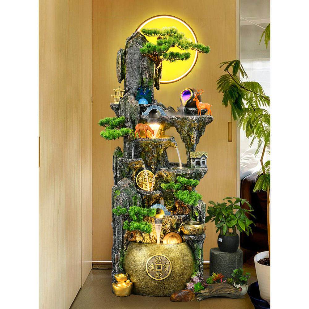 新中式假山水幕落地式流水摆件客厅财富风水轮加湿器循环水景观装