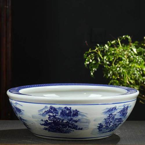 景德镇陶瓷鱼缸乌龟盆假山吸水石盆景大号特大上水石盆青花瓷单水