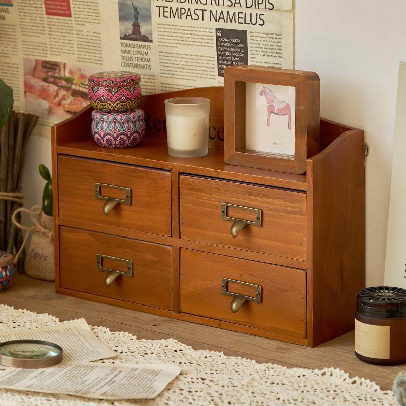 zakka实木覆古桌面收纳箱学生宿舍收纳盒四抽屉柜木质首饰置物架,收纳整理,桌面收纳盒,淘宝优惠券,粉丝福利购,淘宝优惠卷