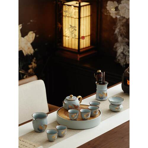 纪先生鎏金天青汝窑功夫茶具泡茶壶套装高档送长辈父亲节生日礼物