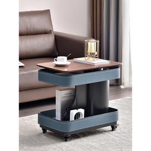 实木升降茶几可移动边几客厅边柜意式极简小推车马鞍皮沙发边桌