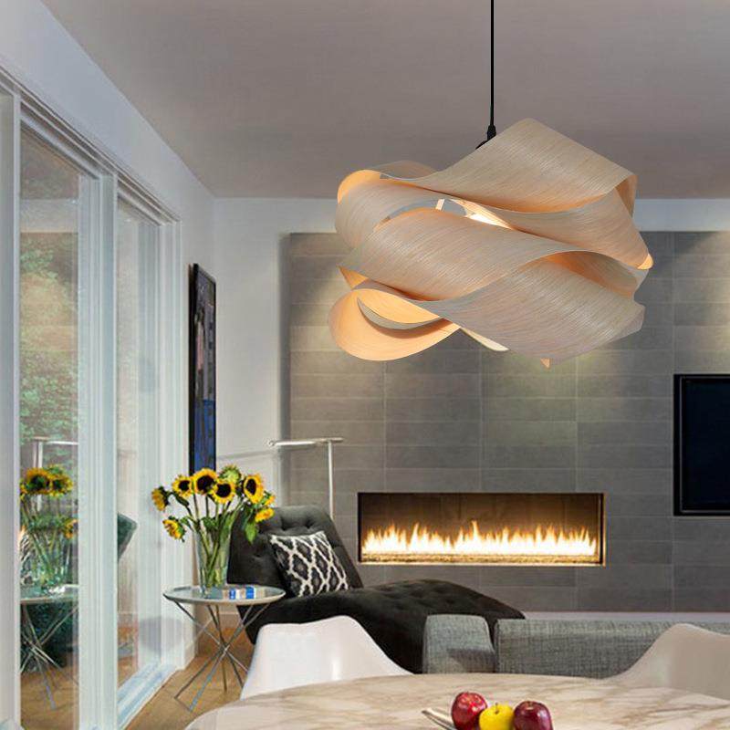 北欧简约木艺吊灯客厅书房餐厅东南亚木皮灯个性创意中式木质灯饰