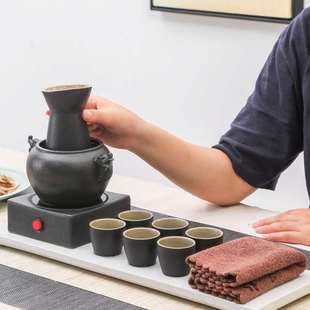 黑陶双龙烛台温酒器烫酒壶 家用陶瓷电加热黄酒酒盅分酒 酒具套装