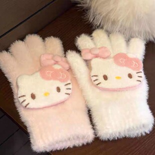 可爱哈喽kitty骑行五指手套可触屏女冬季少女心儿童加厚保暖防寒