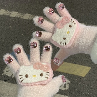 hellokitty猫钻石毛绒手套儿童分指触屏女童冬户外骑行加厚保暖