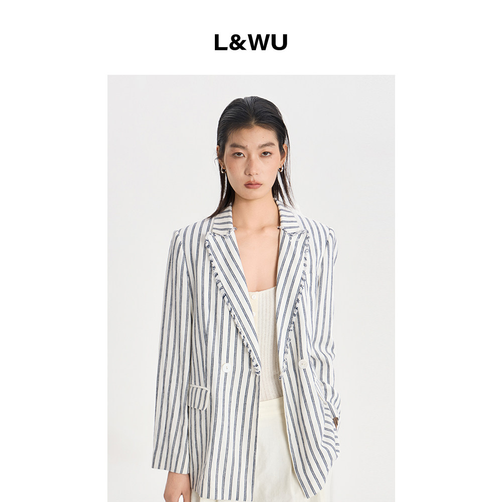 L&WU轻老钱经典条纹亚麻棉西装外套英伦雅痞休闲气质女绅士外套女