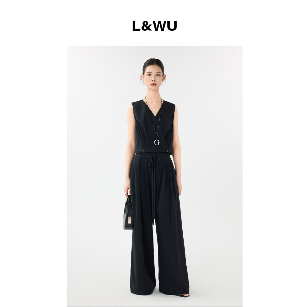L&WU轻机能工装风时髦V领马甲套装双腰头设计高腰阔腿裤马甲上衣