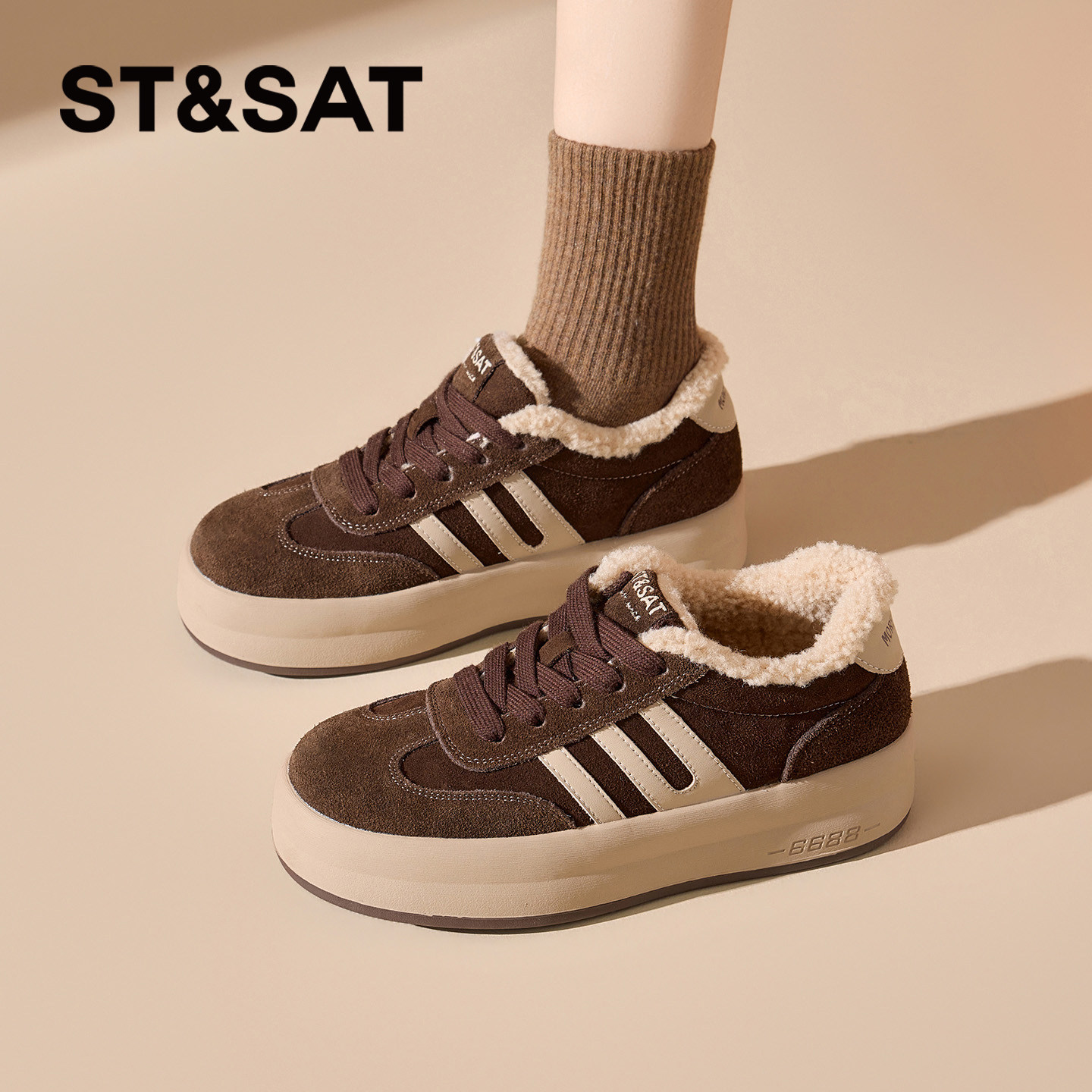 星期六冬季加绒小白鞋厚底增高