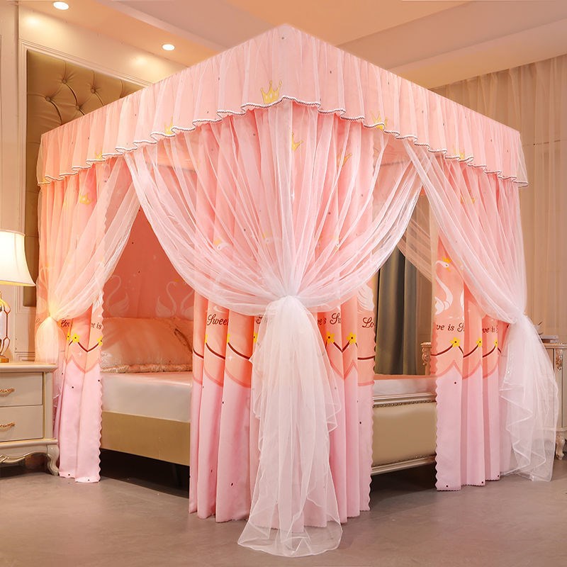 E4C床幔家用遮光布双层宫廷蚊帐挡风防尘三开门床帘Y蚊帐一体式宫